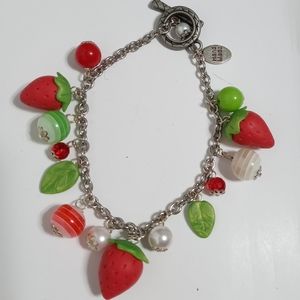 Pink Strawberry Charm Beaded Toggle Bracelet Silver Tone